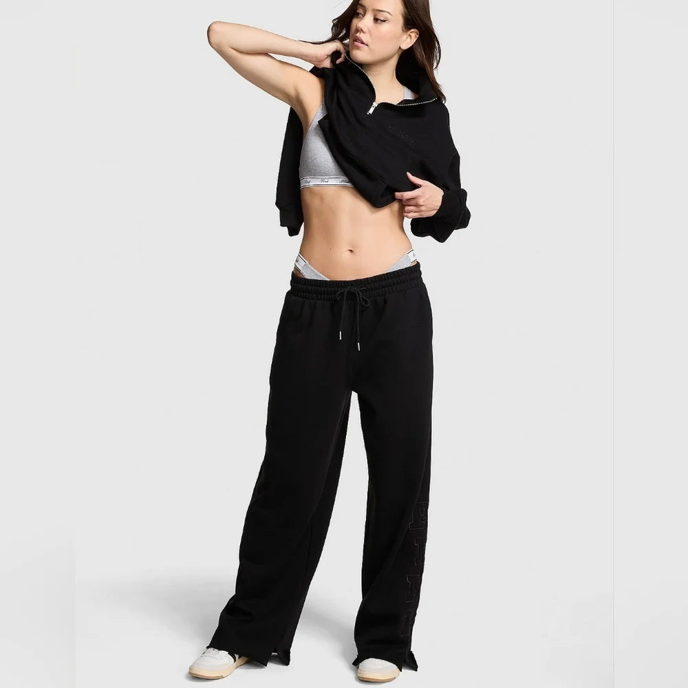 PINK Campus Fleece Wide-Leg Split-Hem Sweatpants Size L Long - Picture 2 of 9